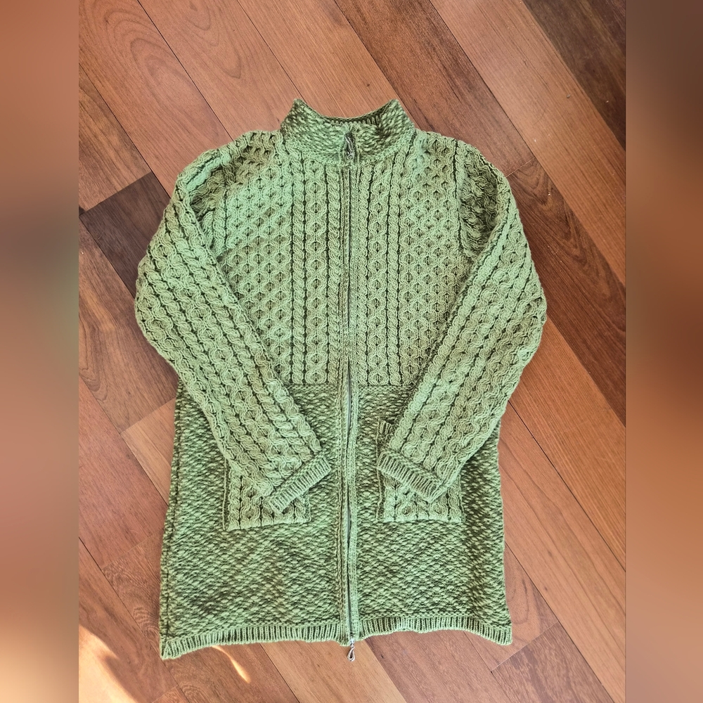 Aran Crafts 100% Merino Wool Green Knit Zip-Up Cardigan